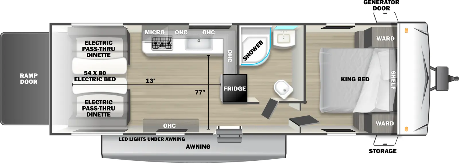 The 2550SRX travel trailer has no slide outs, 1 entry door and 1 rear ramp door. Exterior features include an awning with LED lights, front door side storage and front off-door side generator door. Interior layout from front to back includes: front bedroom with foot-facing King bed, shelf over the bed, and front corner wardrobes; off-door side bathroom with shower, linen storage, toilet and single sink vanity; off-door side kitchen with L-shaped countertop, overhead microwave, overhead cabinets, sink and refrigerator; door side overhead cabinet; rear 54 x 80 electric bed over electric pass-through dinette. Cargo length from rear of unit to refrigerator is 13 ft. Cargo width from kitchen countertop to door side wall is 77 inches.